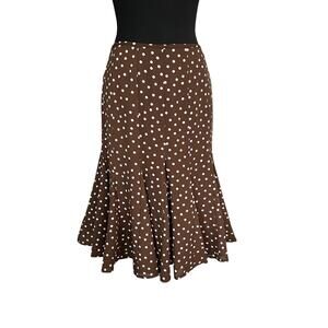 Vtg Kasper Y2K Skirt Polka Dot Midi Brown White Flared Cottagecore Size 4 Lined